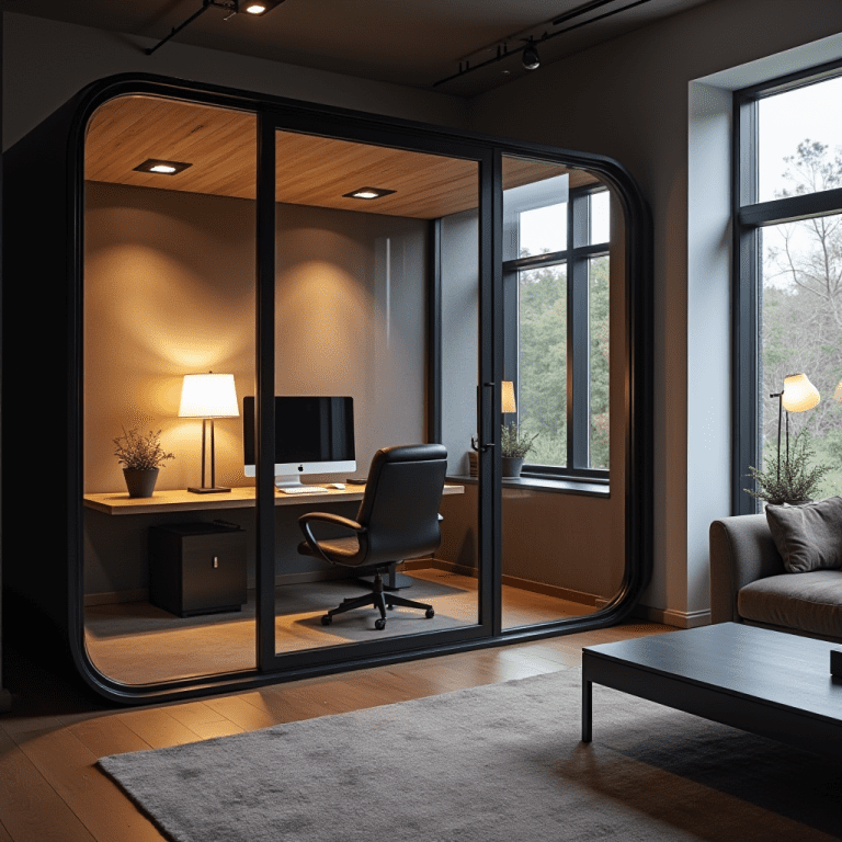 Modern office pod with glass walls in small living room, professional workspace lighting, tech-forward interior photography